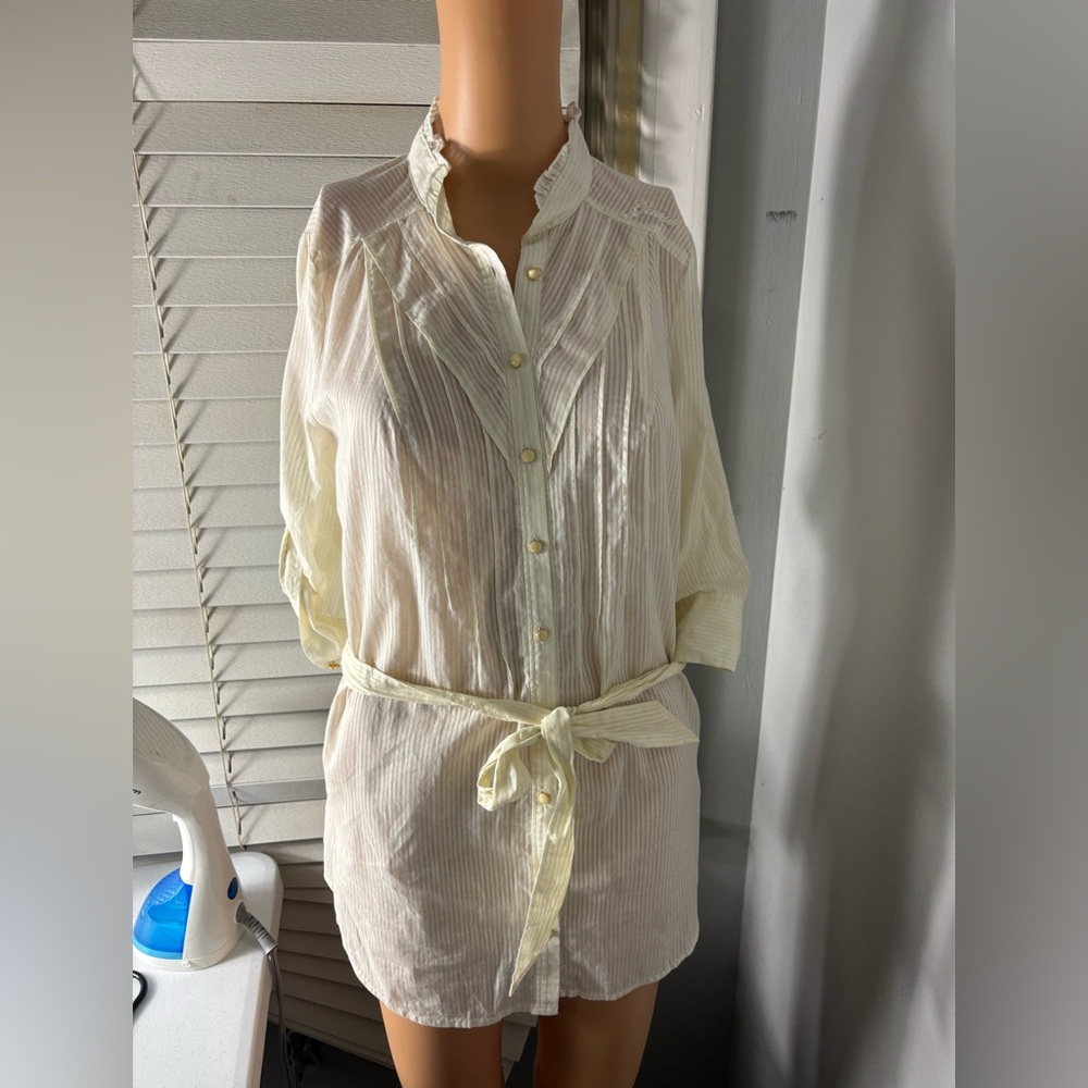 Guess Striped Button Down belted sheer ruffle tunic top cream S NWT